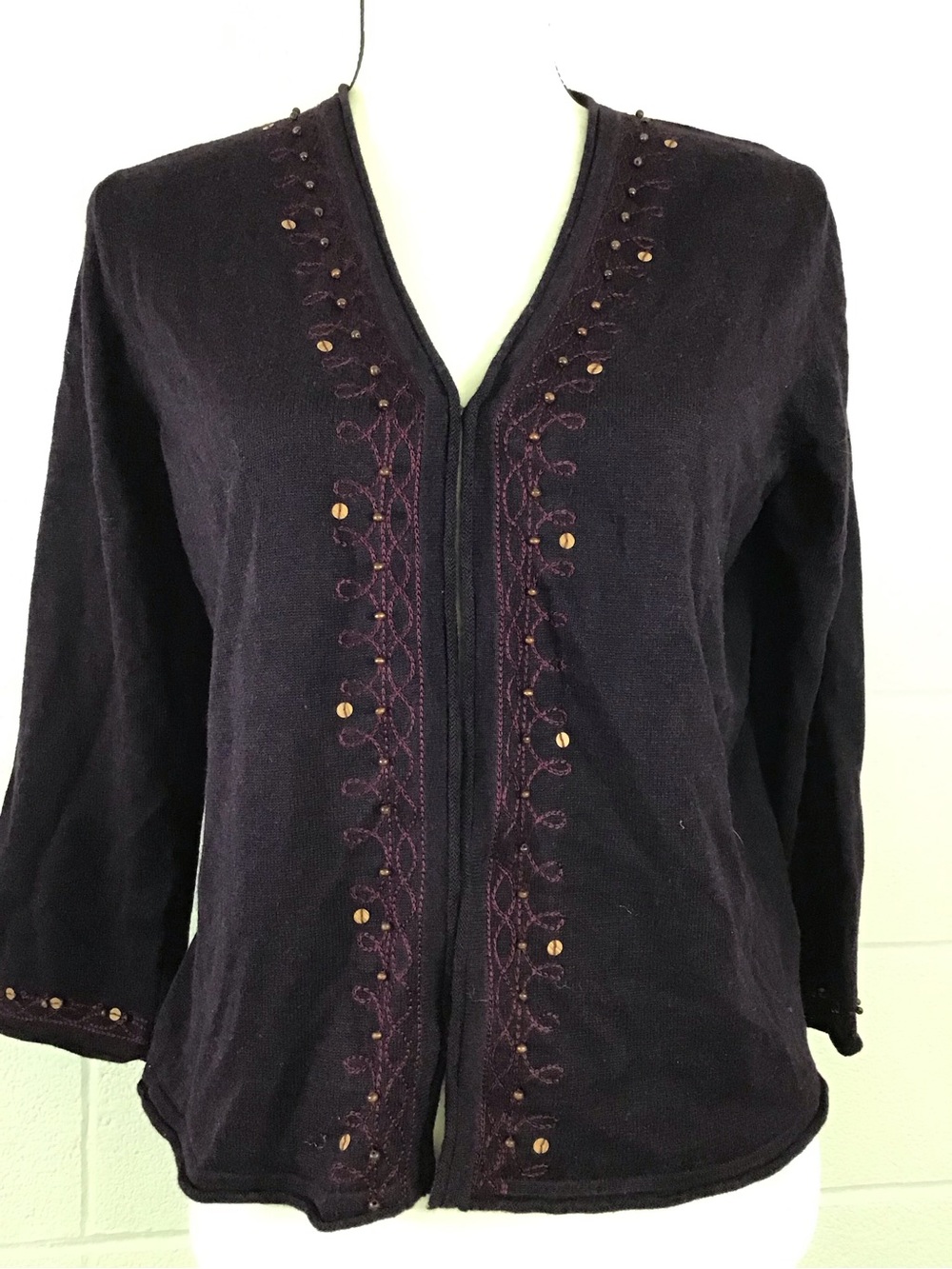 Norton McNaughton Embroidered Beaded V-Neck Cardigan Eggplant Plum Medium NWT